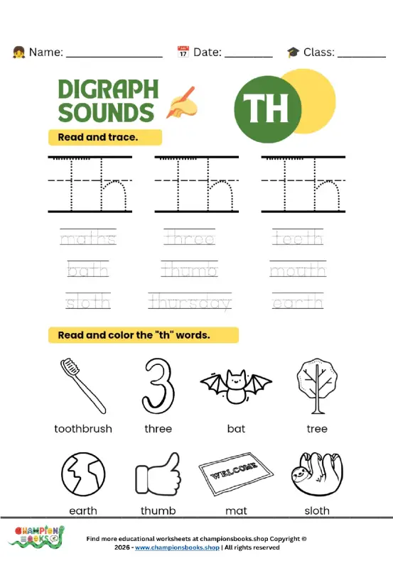 TH Digraph Worksheet: Trace & Color TH Words for Kids