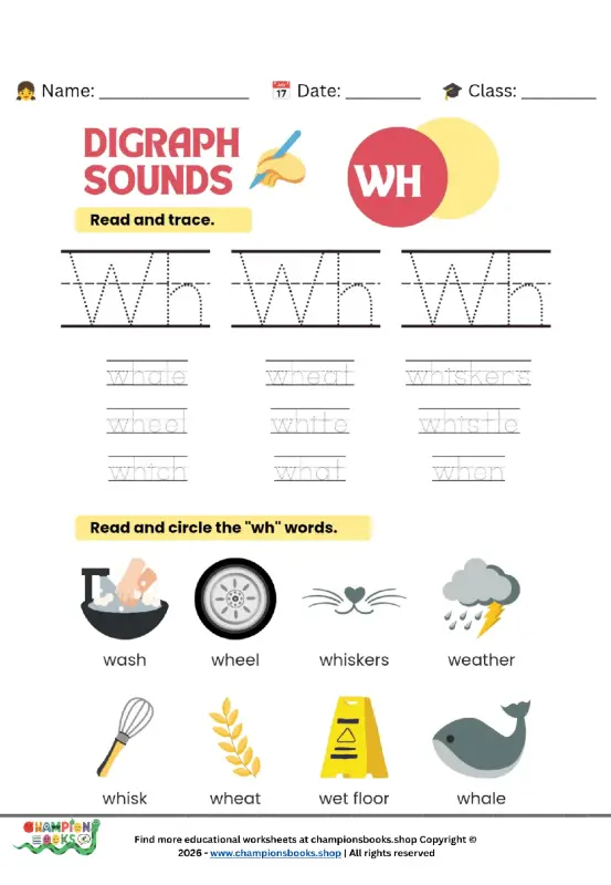 WH Digraph Worksheet: Trace & Identify Words for Grade 1