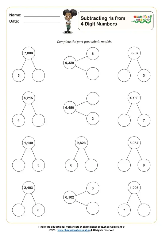 4-Digit Subtraction Worksheet | Part-Part-Whole Models