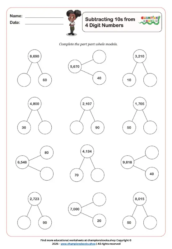 Subtracting 10s from 4-Digit Numbers Worksheet (Grade 3)