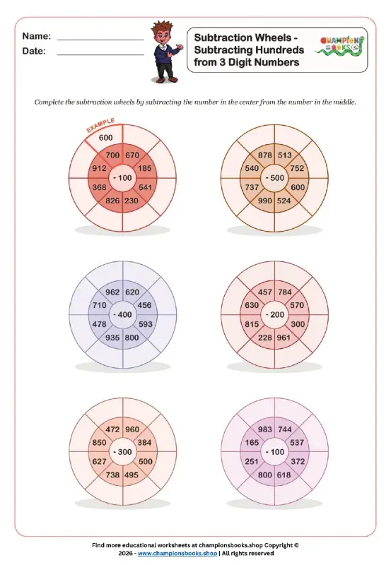 Subtraction Wheels: Subtract Hundreds from 3-Digit Numbers