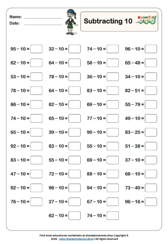 Subtracting 10 Worksheet for Grade 2 | Math Practice
