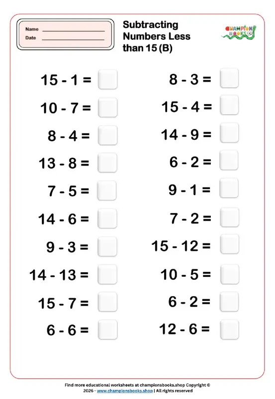 Master Subtracting Numbers Less than 15 | Grade 1 Math Worksheet