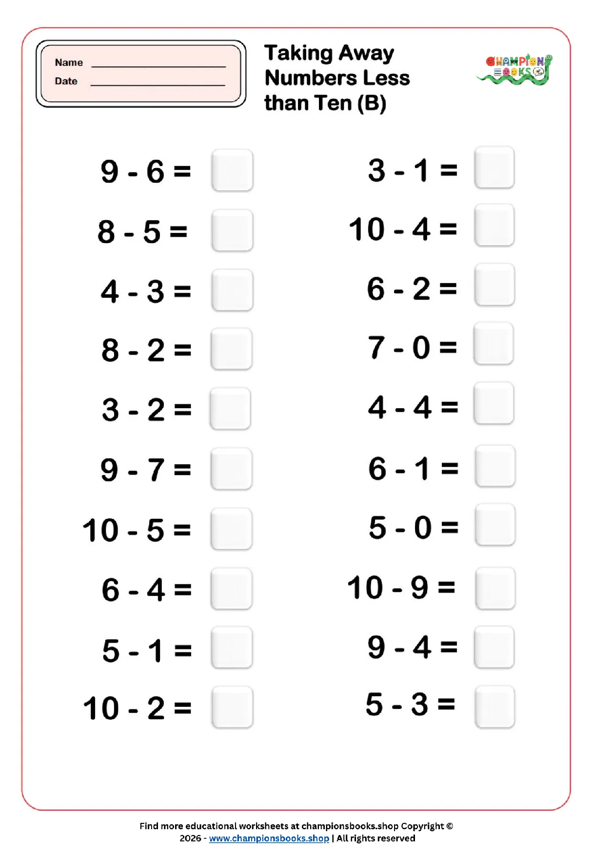 Grade 1 Subtraction Worksheet: Taking Away Numbers Less Than Ten