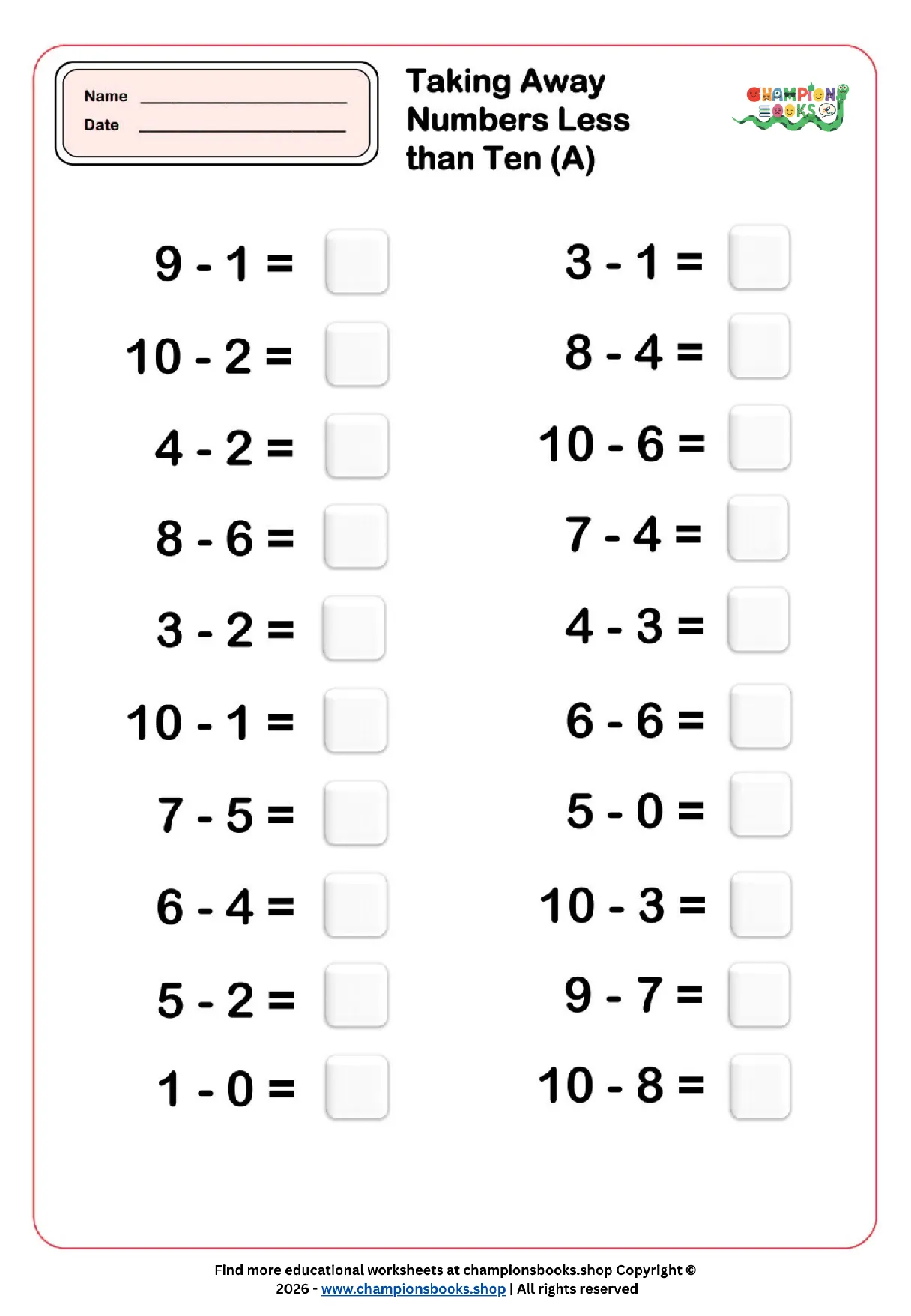 Kindergarten Subtraction Worksheet: Numbers Less Than 10