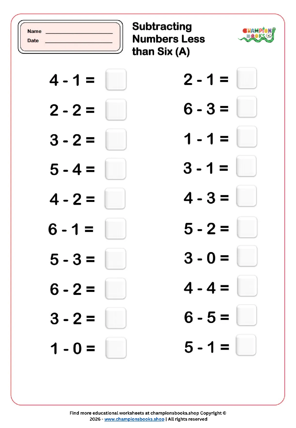 Kindergarten Subtraction Worksheet: Numbers Less Than Six