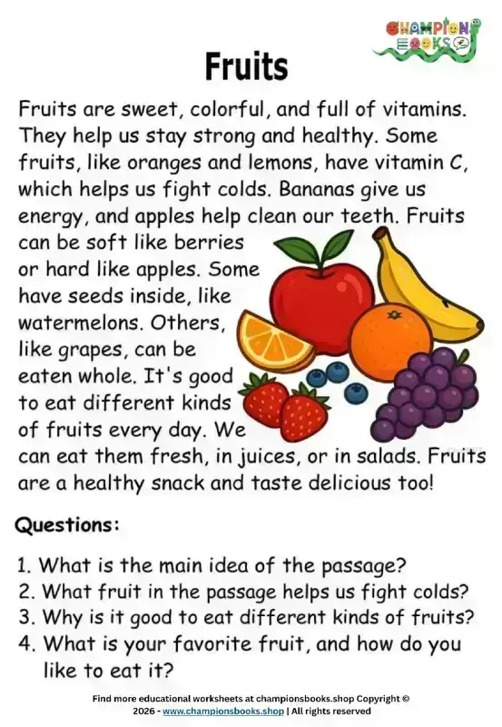 Fruits reading comprehension worksheet for Grade 1 featuring various colorful fruits like apples, bananas, oranges, grapes, strawberries, and blueberries, with a passage about fruit benefits and questions.