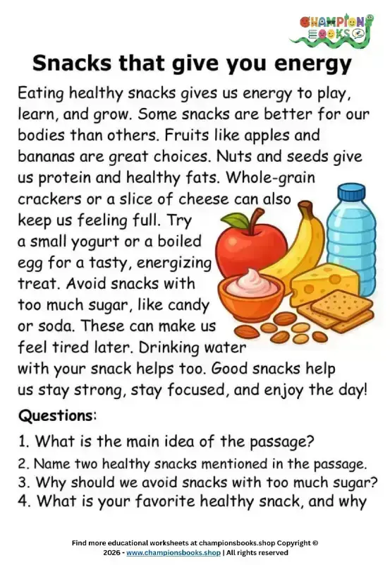Healthy Snacks for Energy: Reading Comprehension Worksheet