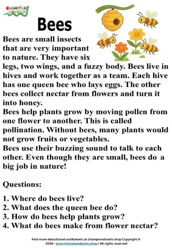 Learn About Bees: Reading Comprehension Worksheet for Grade 1-2