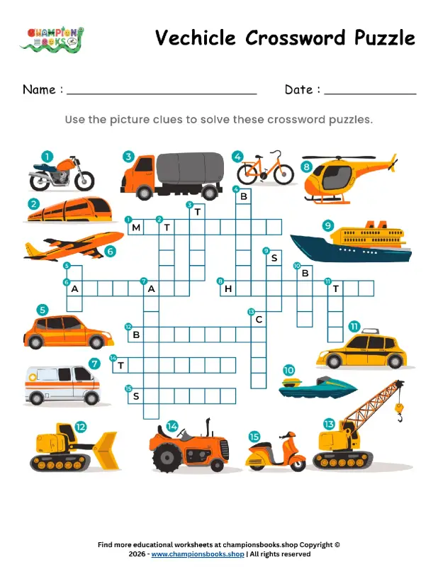 Vehicles Crossword Puzzle Worksheet - Fun Grade 1 Activity