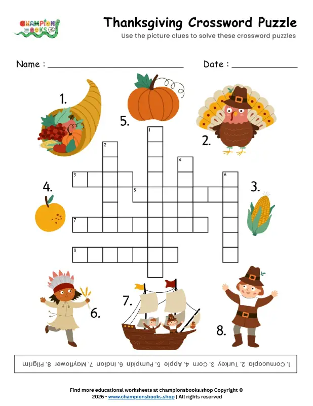 Fun Thanksgiving Crossword Puzzle for Kids | Grade 1 Activity