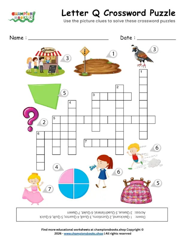 Letter Q Crossword Puzzle | Fun Vocabulary Worksheet for Kids