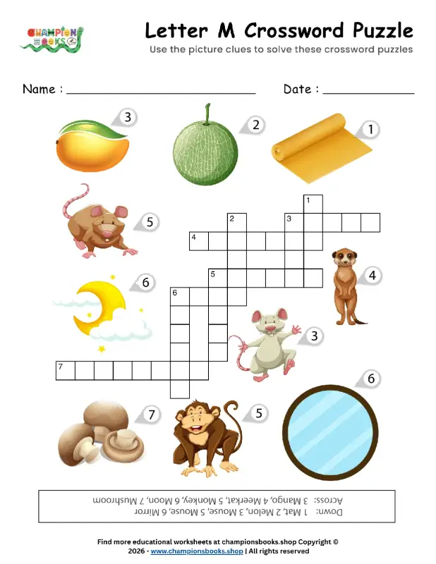 Fun Letter M Crossword Puzzle for Kids - Free Worksheet