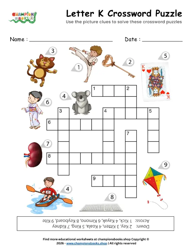 Letter K Crossword Puzzle Worksheet for Kids | Grade 1 Phonics