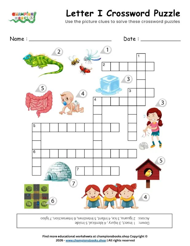 Letter I Crossword Puzzle Worksheet for Kids | Grade 1 Phonics