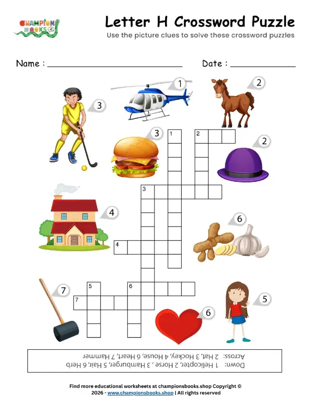 Letter H Crossword Puzzle Worksheet for Kindergarten
