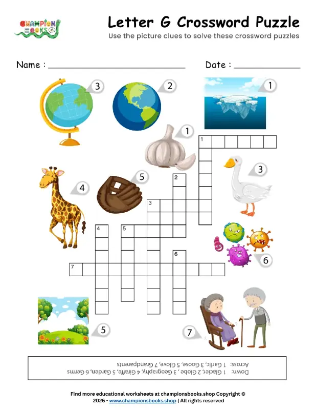 Printable Letter G Crossword Puzzle | Early Literacy Fun