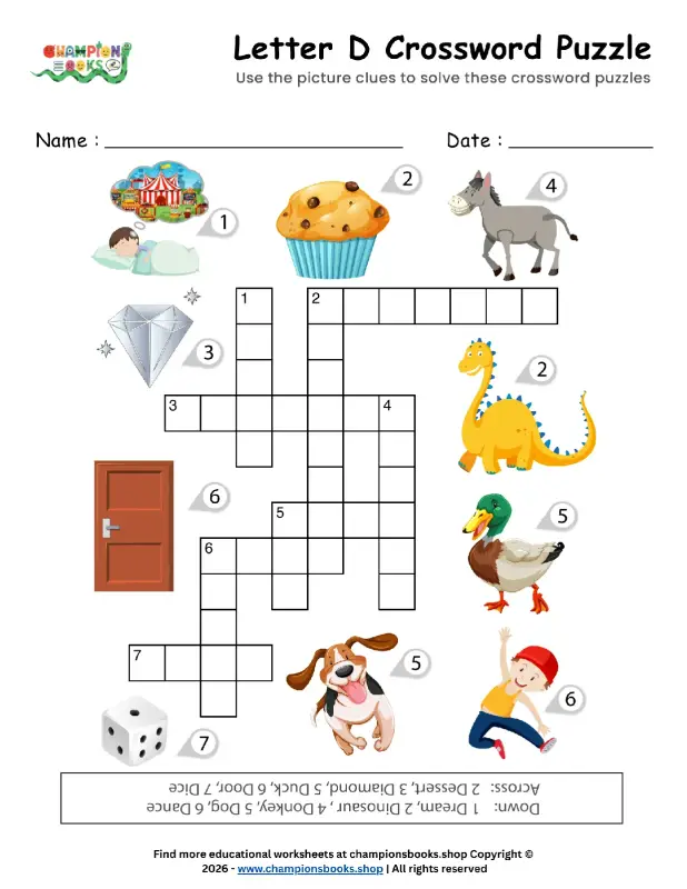 Letter D Crossword Puzzle Worksheet for Kindergarten Fun