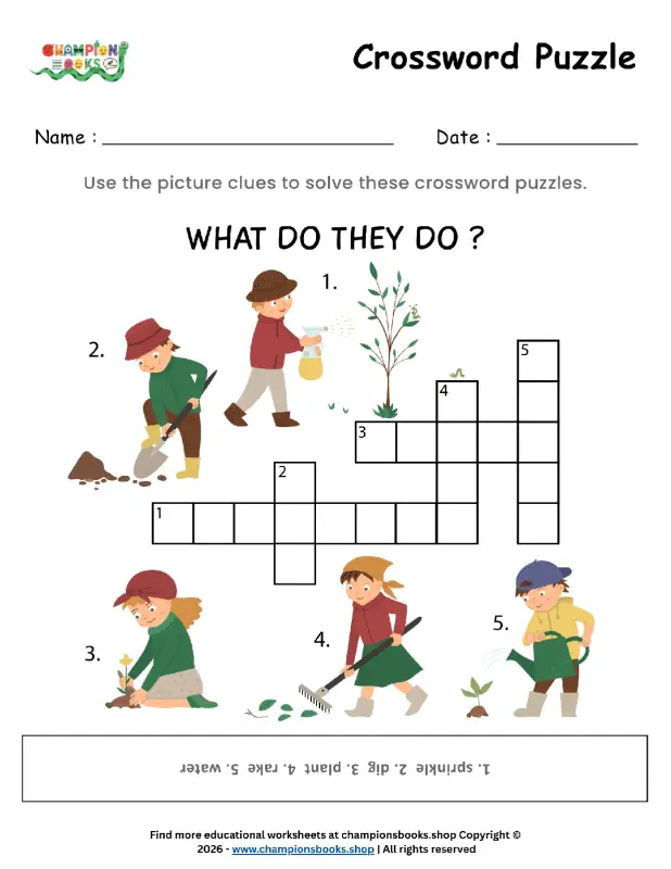 Fun Gardening Actions Crossword Puzzle for Kindergarten