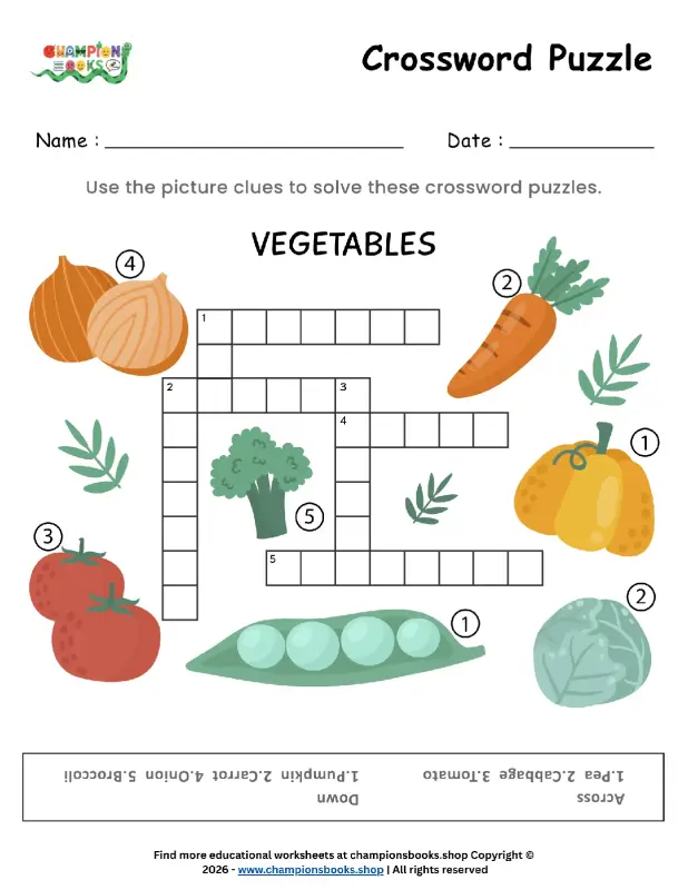Fun Vegetable Crossword Puzzle for Grade 1 Kids!