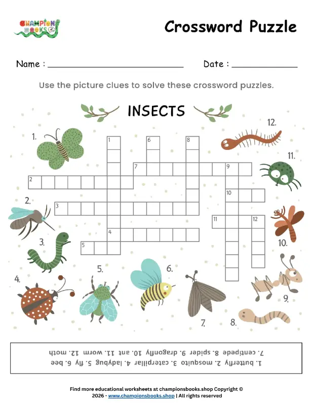 Insects Crossword Puzzle for Kids - Fun Learning Worksheet