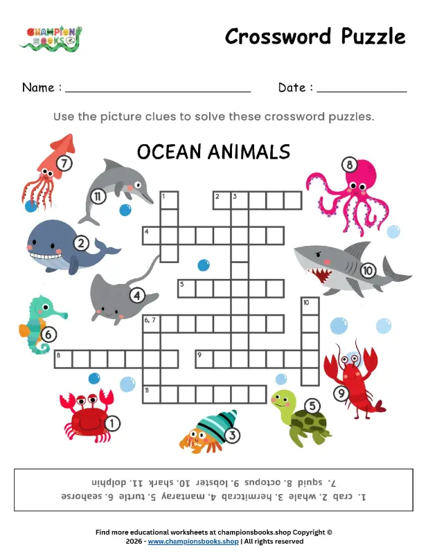 Ocean Animals Crossword Puzzle for Kids - Fun Learning!