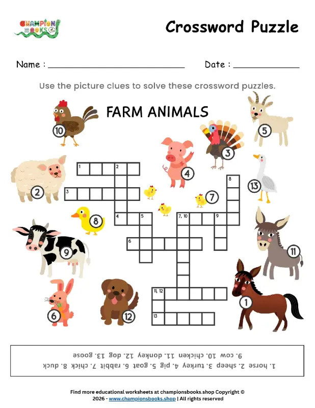 Farm Animals Crossword Puzzle for Kids - Grade 1 Fun!