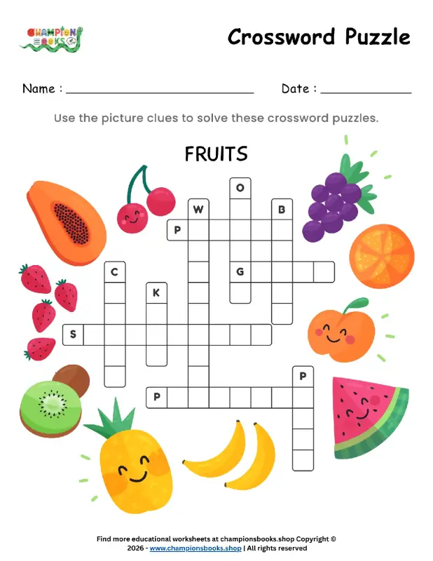 Fun Fruits Crossword Puzzle Worksheet for Grade 1 Kids