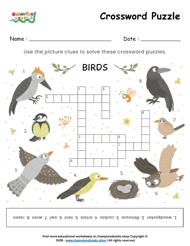 Birds Crossword Puzzle | Learn Bird Names - Grade 2 Worksheet