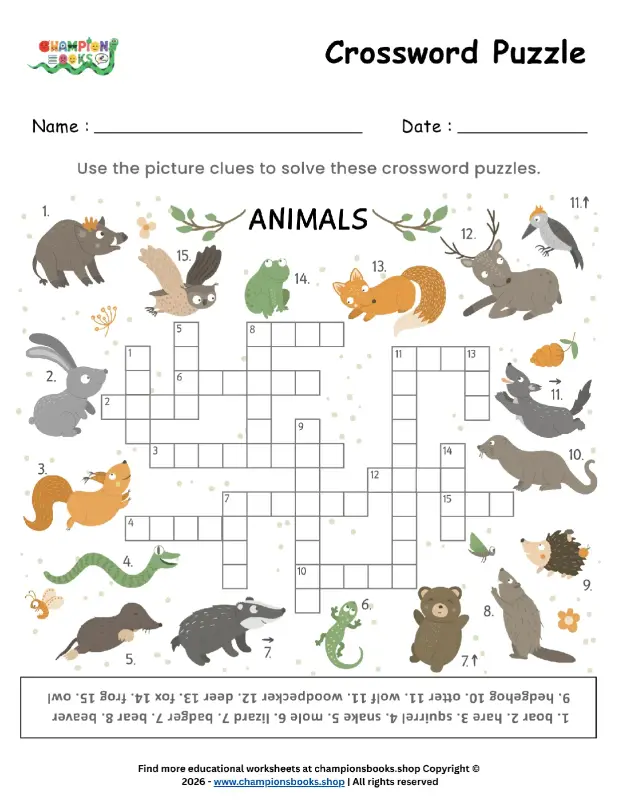 Fun Animal Crossword Puzzle for Kids - Grade 1 Worksheet