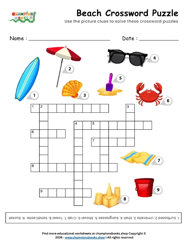 Fun Beach Crossword Puzzle for Kids - Free Worksheet