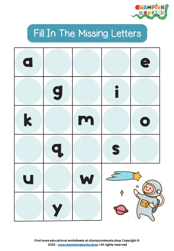 Fill In The Missing Letters alphabet worksheet for Kindergarten with lowercase letters and a space theme.