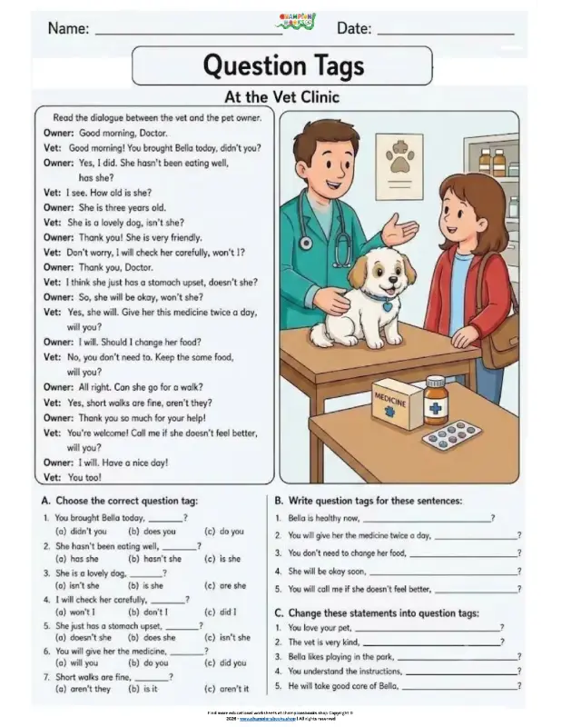 Master Question Tags: Vet Clinic English Grammar Worksheet