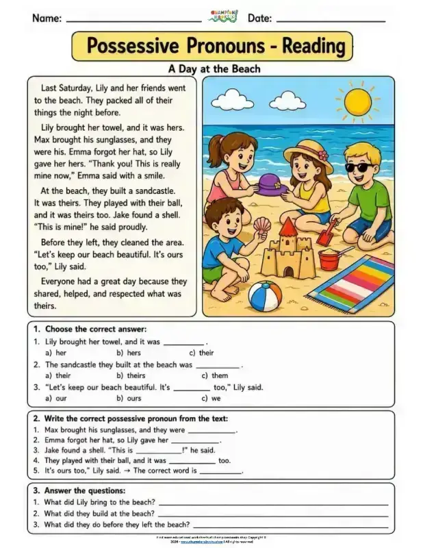 Master Possessive Pronouns: Grade 3 Reading Worksheet
