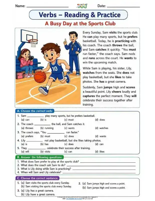 Verbs Worksheet: Reading & Practice for Grade 3 ELA