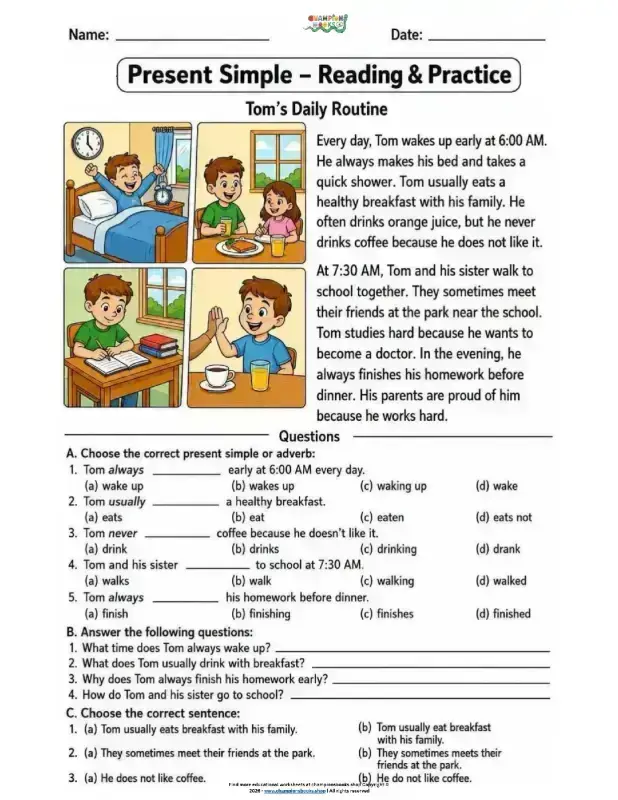 Present Simple Reading Practice: Tom's Daily Routine Worksheet