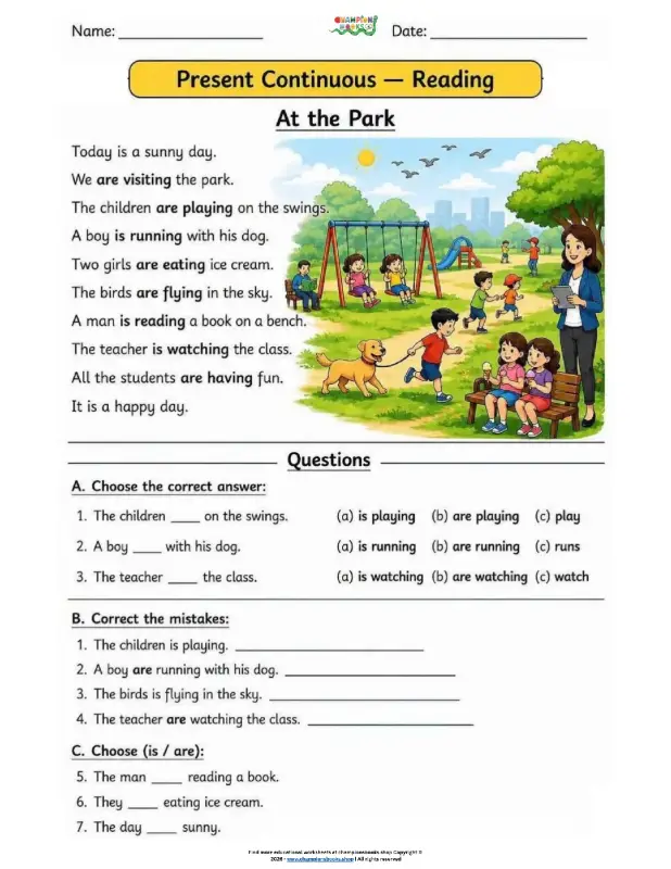 Present Continuous Reading Worksheet | Grade 1 English Grammar