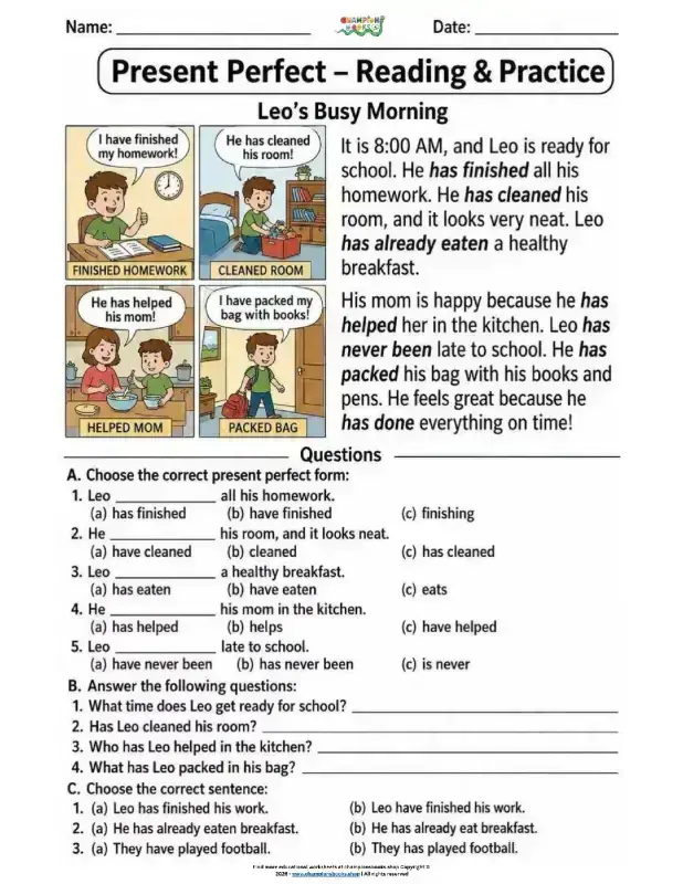 Present Perfect Tense Worksheet: Reading & Practice