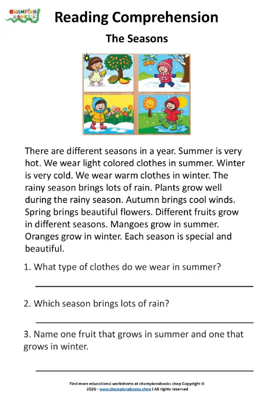 Seasons Reading Comprehension Worksheet for Grade 1