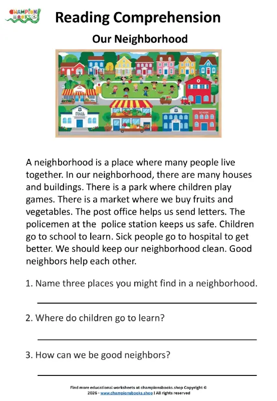 Neighborhood Reading Comprehension Worksheet for Grade 1