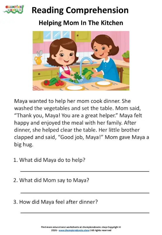 Grade 1 Reading Comprehension Worksheet - Helping Mom