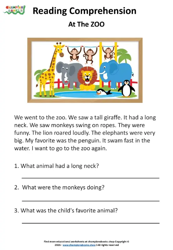 Zoo Reading Comprehension Worksheet for Grade 1 Kids