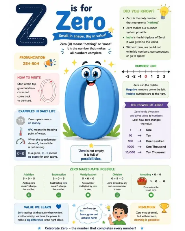 An educational concept of zero worksheet explaining the properties, history, and real-life examples of the number zero.