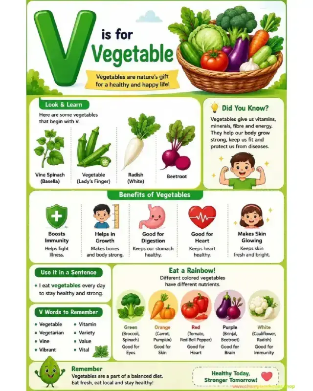 V is For Vegetable Worksheet & Chart for Kindergarten