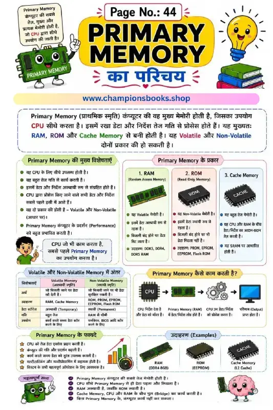 Computer Primary Memory Worksheet in Hindi | Grade 4