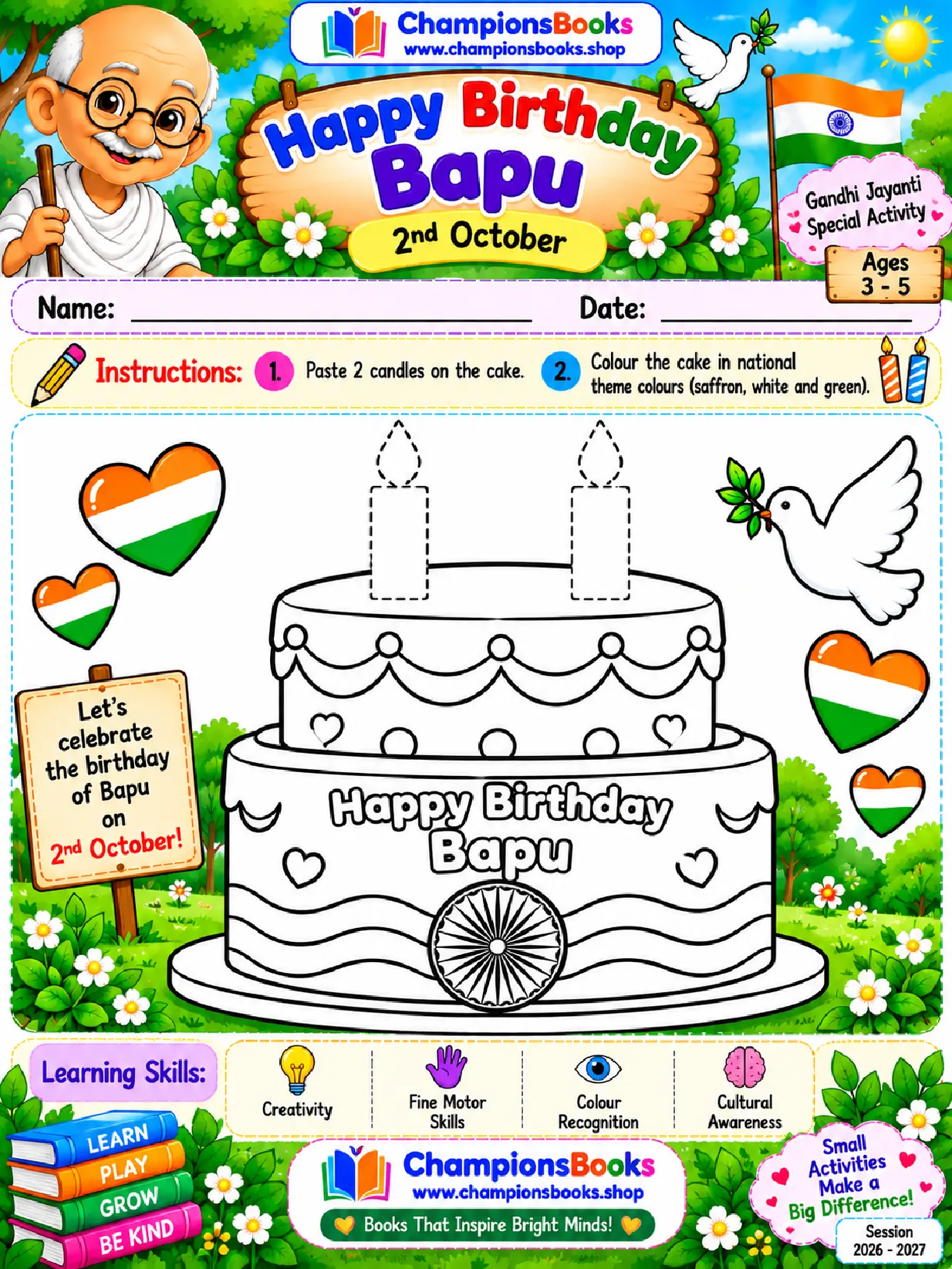 Gandhi Jayanti Activity Worksheet for Kids (Ages 3-5)