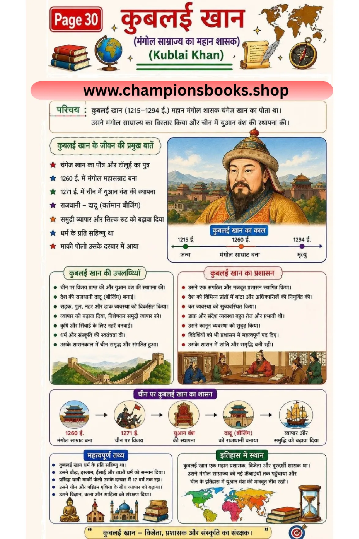  Kublai Khan Notes in Hindi for Grade 6 – Yuan Dynasty